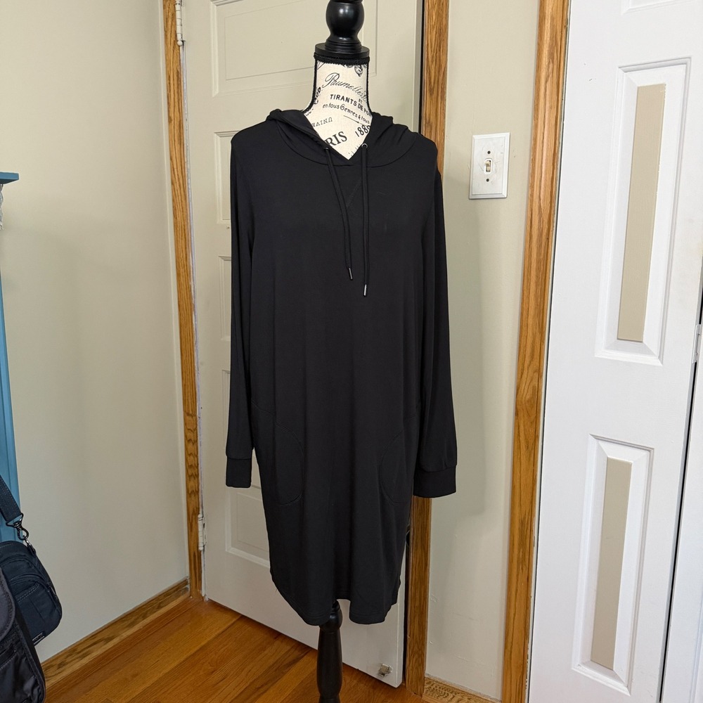 Renuar LG Stretchy Long Sleeve Hooded French Terry Dress Pockets Minimalist